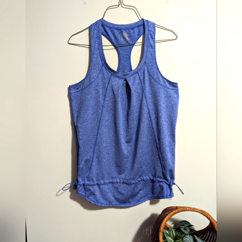 32 Degrees. Heather Blue Women's Razor Back Tank Top With A Toggled Drawstring .